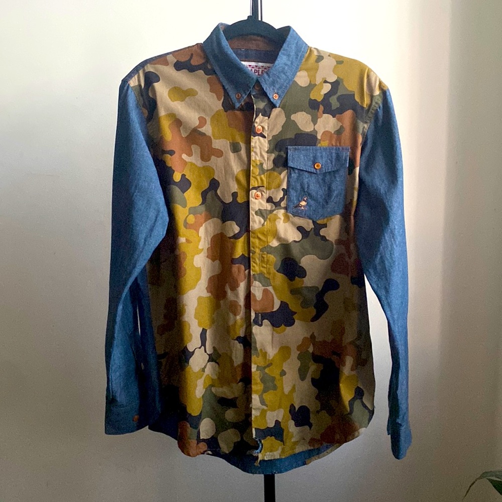 Staple long sleeve button up, denim and camo shirt